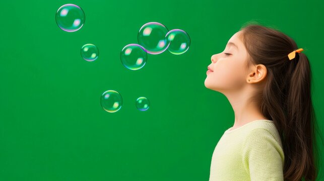 Adorable little girl joyfully blowing soap bubbles while playing outside during a fun holiday celebration - Powered by Adobe