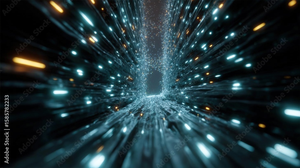 Poster digital art piece that appears to be a tunnel or a tunnel of light. the background is black, and the