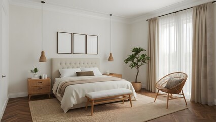 Serene Minimalist Bedroom Interior:  Neutral Tones, Natural Light,  Rattan Accents, and Modern Design.