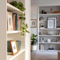 Indoor Living Room with White Bookcases Filled with Books and Decorative Items