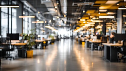 Blurred office interior background with a blurred door and glass wall, blurry bokeh light effect for a business concept design. High-quality photo, taken with a telephoto lens in realistic daylight.