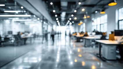 Fototapeta premium Blurred office interior background with a blurred door and glass wall, blurry bokeh light effect for a business concept design. High-quality photo, taken with a telephoto lens in realistic daylight.