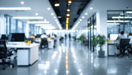 Fototapeta premium Blurred office interior background with a blurred door and glass wall, blurry bokeh light effect for a business concept design. High-quality photo, taken with a telephoto lens in realistic daylight.