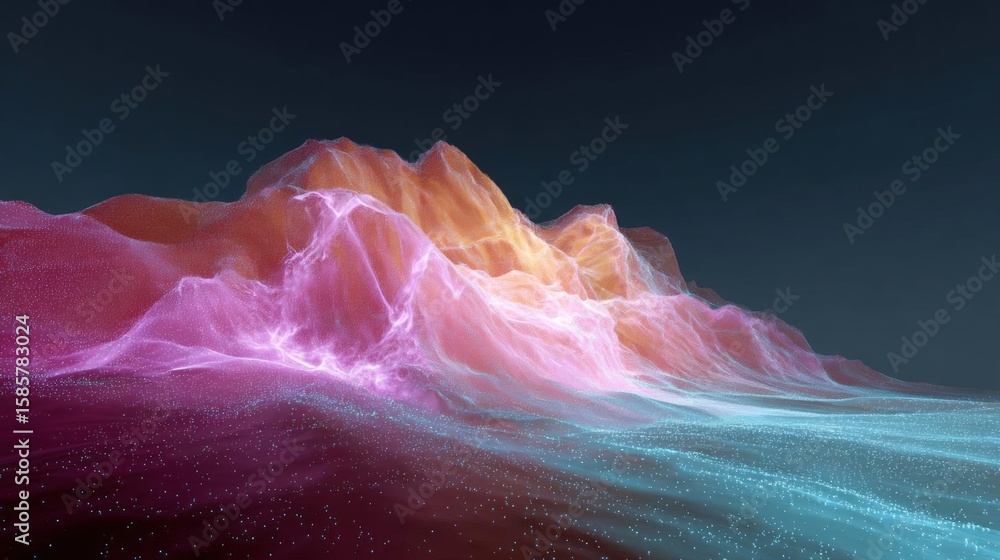 Poster abstract digital art piece that appears to be a 3d rendering of a mountain range. the mountain is ma