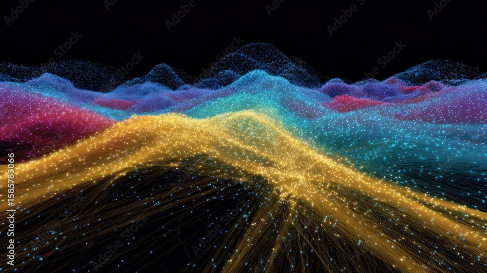 Poster abstract digital art piece that appears to be made up of different colors and shapes. the background