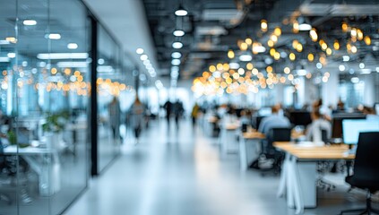 Blurred office interior background with a blurred door and glass wall, blurry bokeh light effect for a business concept design. High-quality photo, taken with a telephoto lens in realistic daylight.