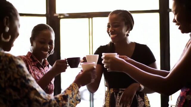 Happy young African women socializing laughing and clinking coffee cups together in a modern cafe