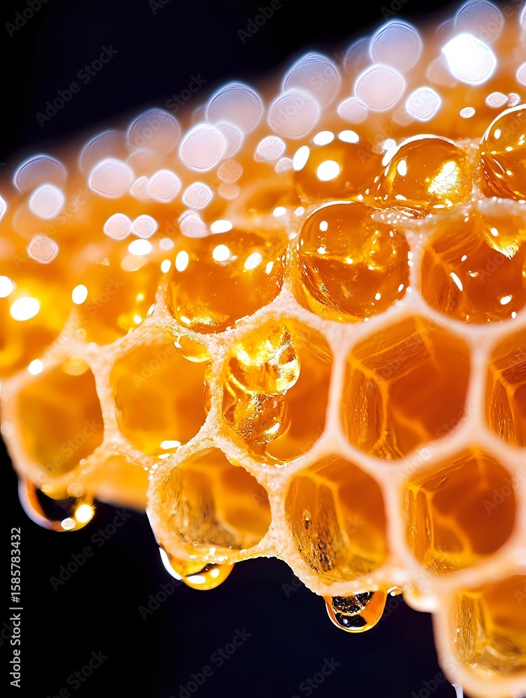 Poster fresh honeycomb with golden honey dripping in drops, macro close-up view showing hexagonal wax cells