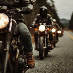 Naklejka premium Group of Motorcyclists Riding on Open Road in Dark Clothing and Helmets