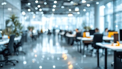 Blurred office interior background with a blurred door and glass wall, blurry bokeh light effect for a business concept design. High-quality photo, taken with a telephoto lens in realistic daylight.