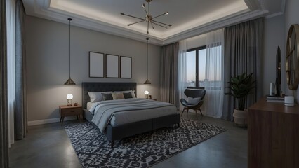 Fototapeta premium Modern Gray Bedroom Interior: Evening Ambiance, Stylish Decor, Luxury Bed, City View