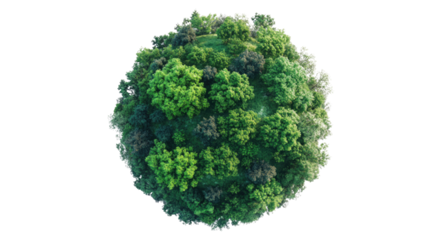 3d rendering of a globe with green forest and tree on white background