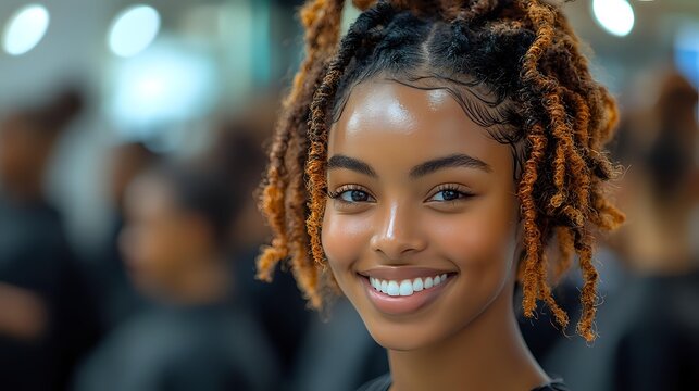 Young African American woman with natural dreadlocks and bright smile against blurred background, radiating confidence and joy in casual setting. Professional headshot style portrait.