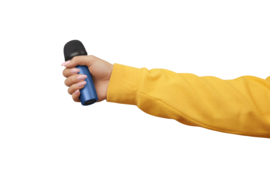 hand holding microphone on white background