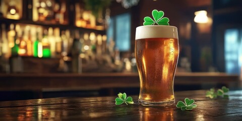 pint of beer and clover on top against the backdrop of an Irish bar. St.Patrick 's Day