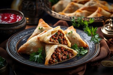 Samosas or pancakes filled with a mixture of minced meat- vegetables and spices. Ramadan holiday