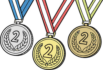 Gold silver and bronze medal with ribbon . first second and third place winner awards. medal icon set for competition, game, achievement. transparent png and vector,achievement, award, competition,