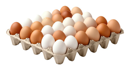 a carton of brown and white eggs arranged neatly on white background