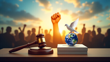 politics and political science or social justice or law concept abstract image/ globe, gavel and human gang