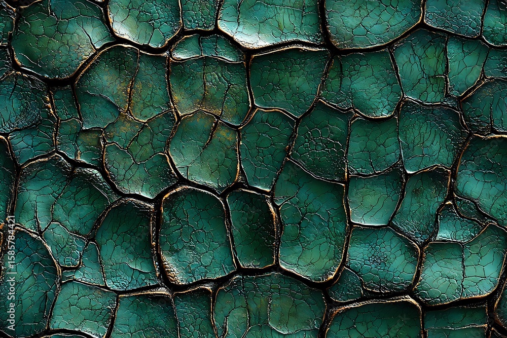 Poster cracked emerald green paint surface with dark crevices creating abstract geometric pattern. weathere