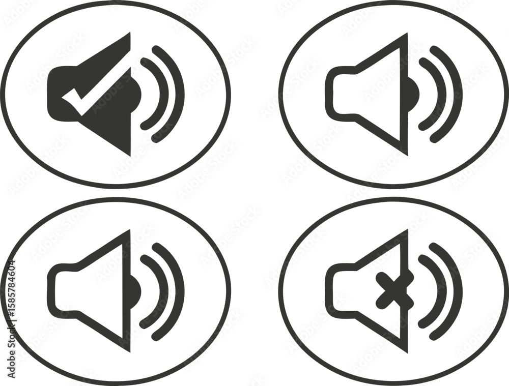 Poster speaker icon set. sound on and mute button with volume increase and decrease symbol. icons for playe