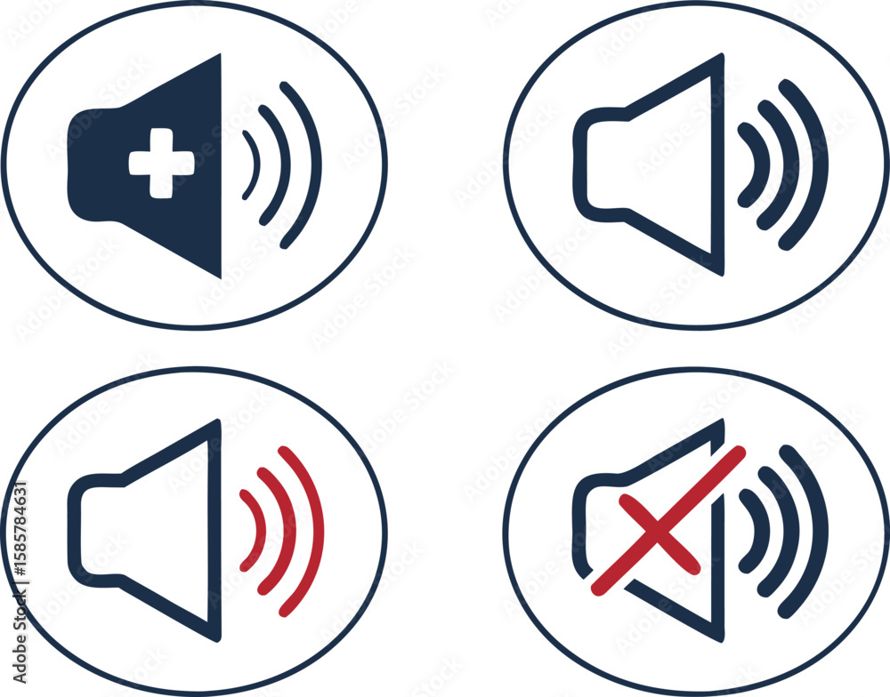 Aufkleber speaker icon set. sound on and mute button with volume increase and decrease symbol. icons for playe