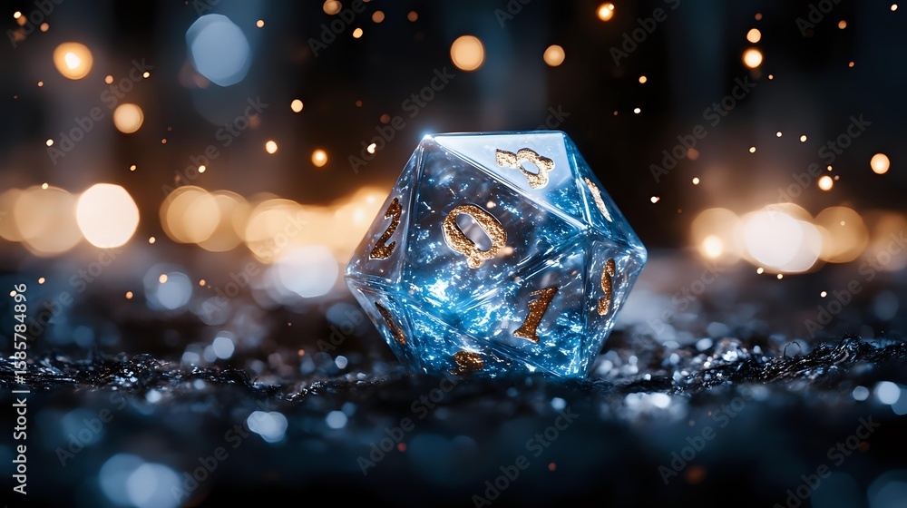 Poster glowing blue crystal icosahedron dice on dark surface with magical bokeh lights and sparkles in back
