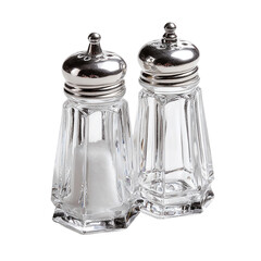 A pair of classic glass salt and pepper shakers with silver lids are presented isolated on transparent background, perfect for seasoning any meal