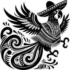 Solid black silhouette of parrot in Mexican sombrero 