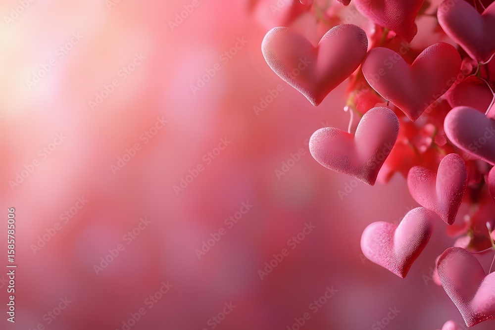 Poster delicate pink heart shapes clustered together creating romantic bokeh effect against soft rosy backg