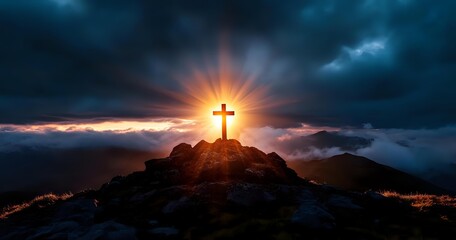 Christian cross silhouette on mountain peak at dramatic sunset with glowing light rays breaking through dark stormy clouds, spiritual background.