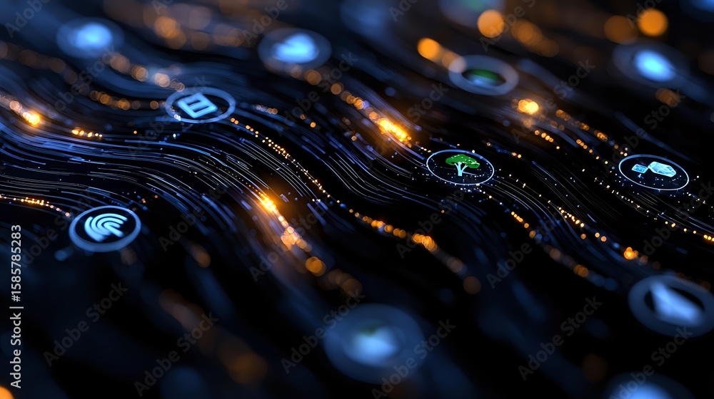 Poster glowing network connections with digital icons flow through curved lines against dark background, il