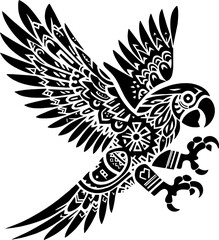 Solid black silhouette of parrot in Mexican sombrero 