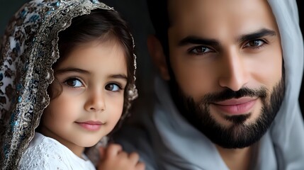 Obraz premium Middle Eastern father and young daughter share tender moment, girl wearing delicate lace veil, man in traditional grey headscarf, close-up portrait showing cultural bond and family love.