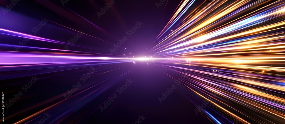 Poster dynamic light trails creating speed effect with purple and golden streaks against dark background, a