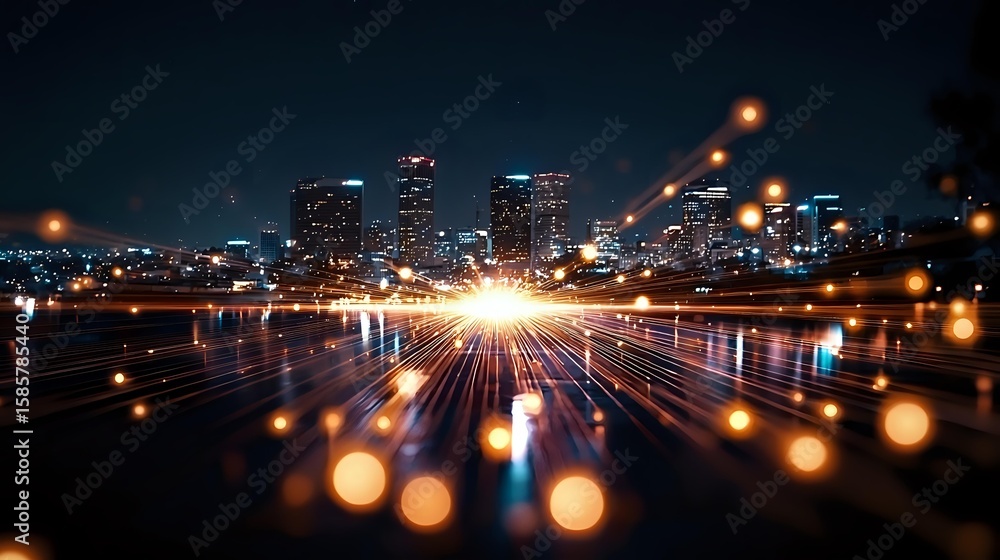 Poster modern cityscape at night with glowing light trails and bokeh effect, urban skyline reflected in wat