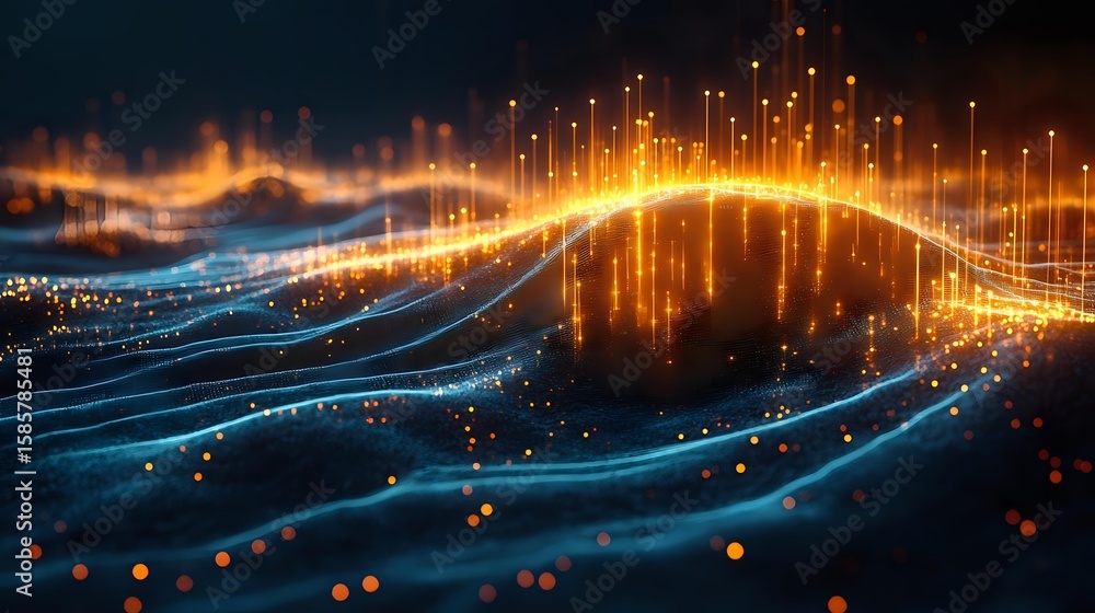Poster glowing orange and blue waves with light particles creating dynamic motion effect against dark backg