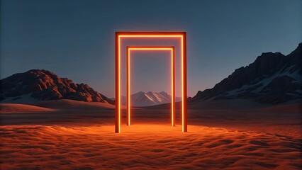 A glowing neon portal stands in a desert landscape with mountains under a twilight sky