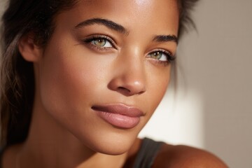 Fototapeta premium Close-up of young african female with light eyes in natural light.