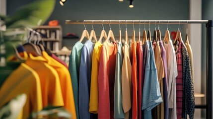 A display of various clothes on a rack in a clothing store. ai generative