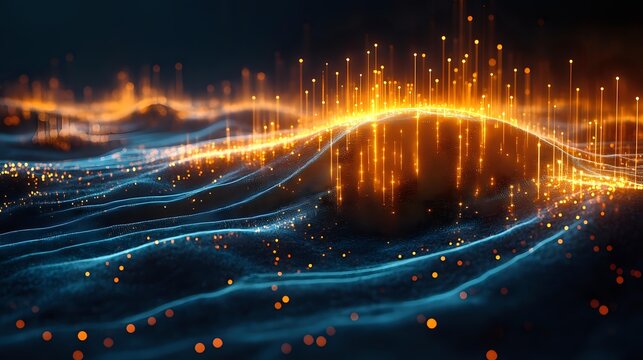 Glowing orange and blue waves with light particles creating dynamic motion effect against dark background, representing digital technology and data flow.