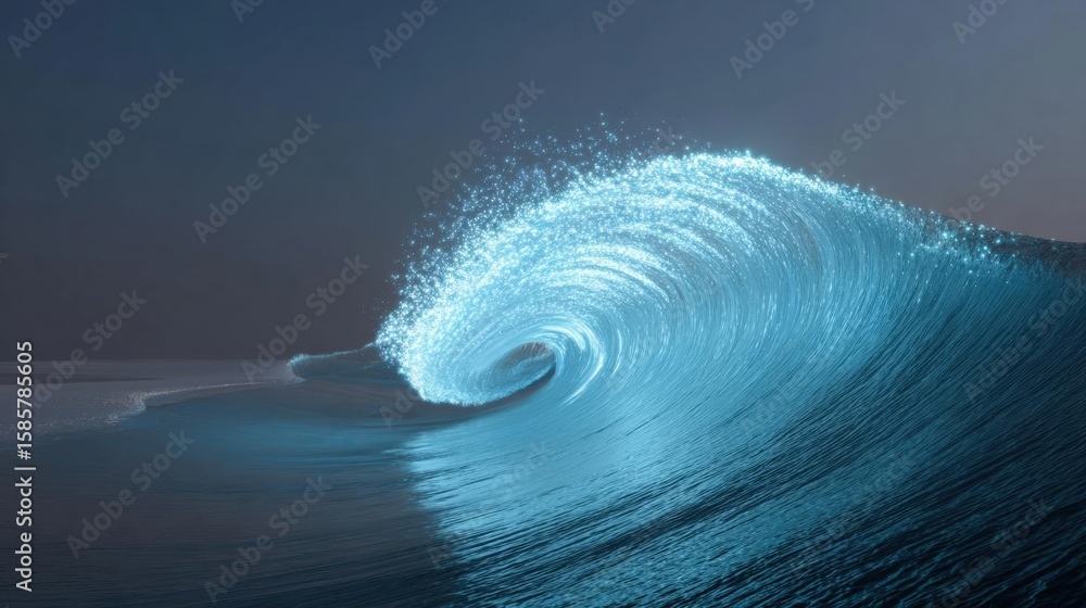 Poster photograph of a large wave breaking in the ocean at night. the wave is a deep blue color and is curv