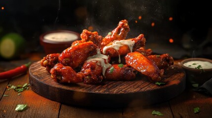 Buffalo wings with melted hot sauce on a wooden table. ai generative