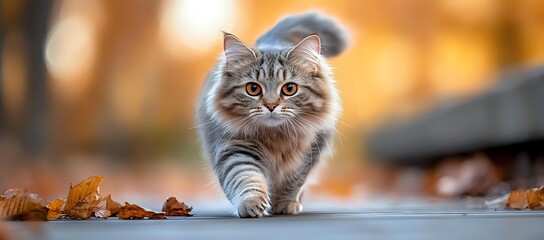 Fluffy long-haired gray cat walking outdoors among autumn leaves with soft bokeh background in warm sunset light, front view portrait of feline pet.