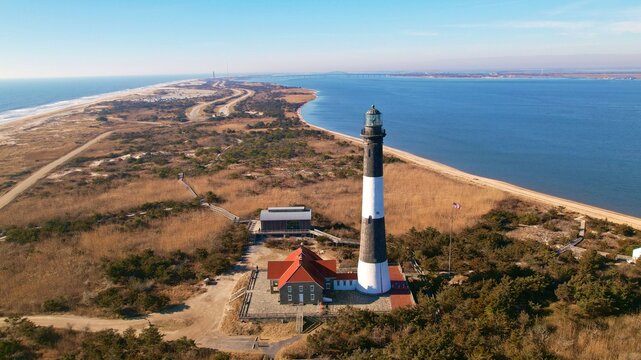 Aerial view of Fire Island Lighthouse and beach.