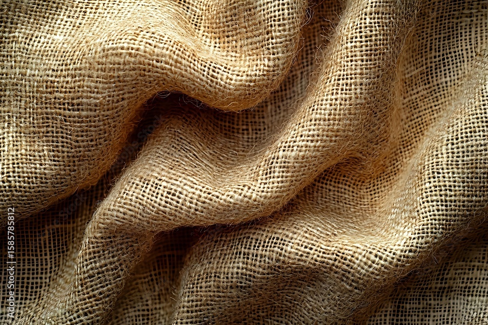Poster natural burlap fabric with wavy folds creating abstract texture pattern in warm brown tones, close-u