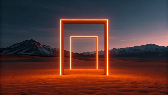 A glowing neon portal stands in a desert landscape with mountains under a twilight sky