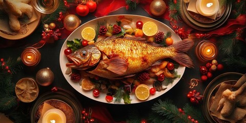 traditional Christmas food- whole fried carp on a decorated festive table. ai generative