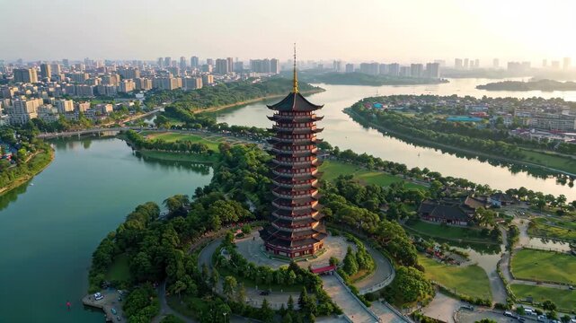 Aerial panorama of the city scenery of Guta City lakeside scenery of Guta