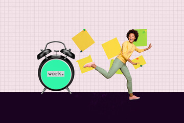 Image trend collage of person rush run stand near stickers clock watch on pastel background